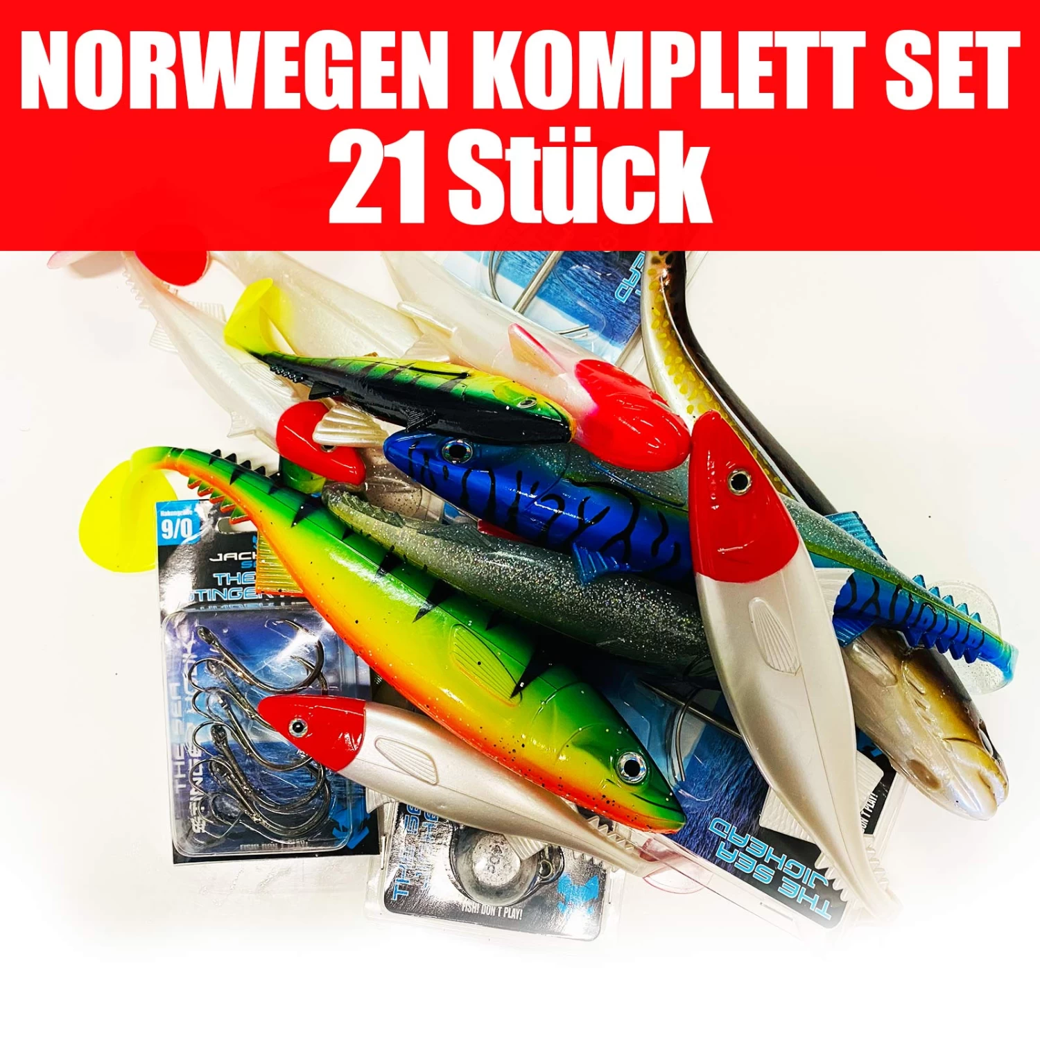 Jackson Profi Norwegen Angelköder Komplett Set. Gummifische & Jigköpfe Angelset - 21 Stück